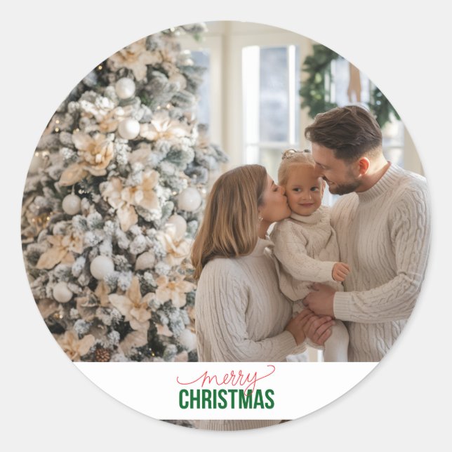Custom Christmas Family Photo Classic Round Sticker (Front)