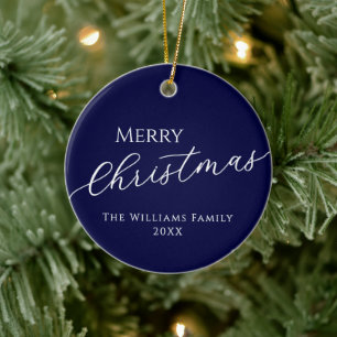 Custom Christmas Family Photo Navy Blue Ceramic Tree Decoration