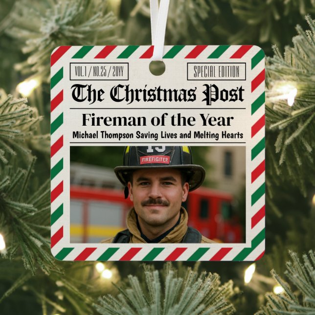 Custom Christmas Firefighter Gift, Fun Newspaper Metal Tree Decoration (Insitu)