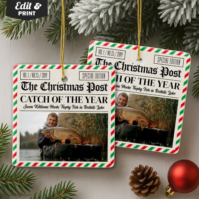 Custom Christmas Fishing Gift, Newspaper Fisherman Ceramic Ornament (Custom Christmas Newspaper Decor, Photo Fisherman Ceramic Ornament)