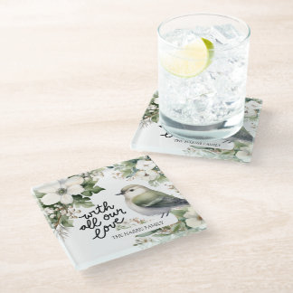 Custom Christmas Flowers & Bird With All Our Love Glass Coaster