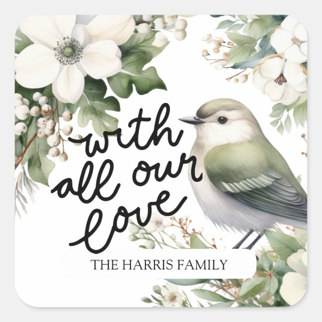 Custom Christmas Flowers & Bird - With Love Square Sticker (Front)