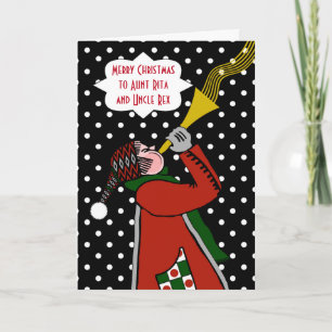Custom Christmas for Aunt and Uncle, Snow Trumpet Holiday Card