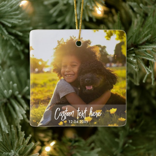 Custom Christmas Full Two Photo Script Text Ceramic Ornament (Tree)