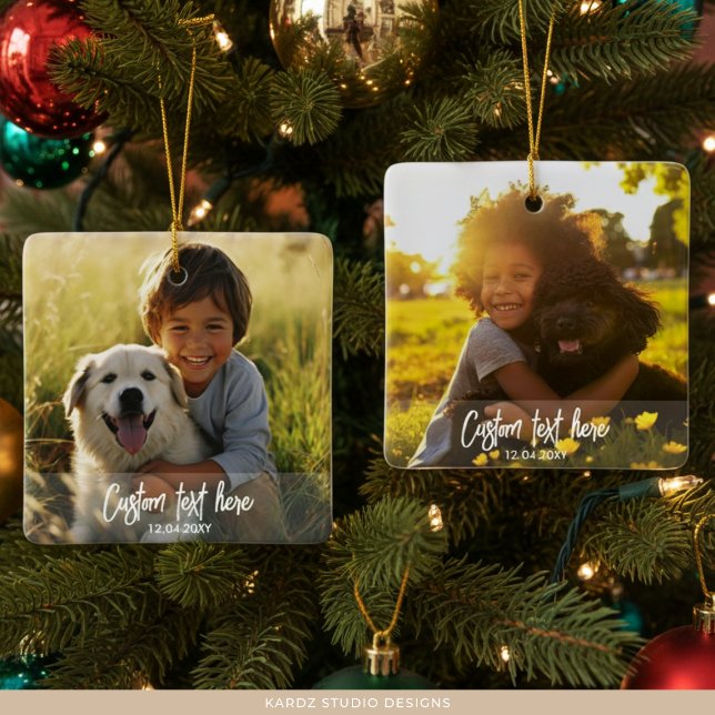 Custom Christmas Full Two Photo Script Text Ceramic Ornament (Add two different pictures to the front and back. Custom text repeats on each side.)