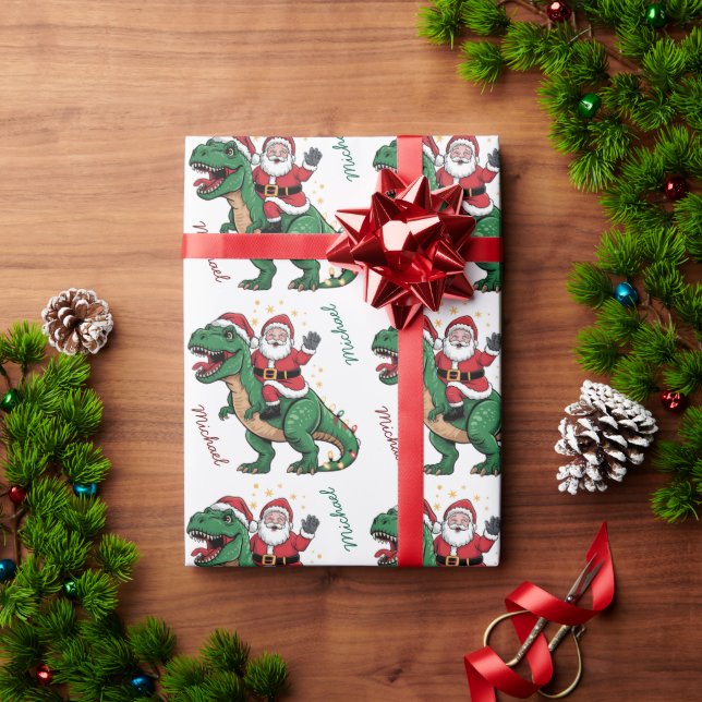 Custom Christmas Funny Santa riding a dinosaur     Wrapping Paper (Holiday Gift)