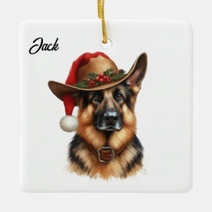 Custom Christmas German Shepherd Dog Cowboy Hat Ceramic Ornament