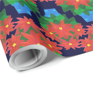 Custom Christmas Giftwrap: Poinsettias, Blue Wrapping Paper