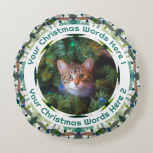 Custom Christmas Green Brown Purple Family Photo Round Cushion