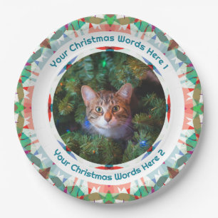Custom Christmas Green Pink Family Photo Party Paper Plate