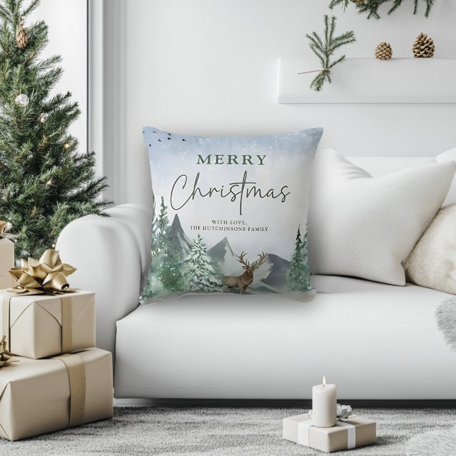 Custom Christmas Green Watercolor Pine Forest Cushion (Creator Uploaded)