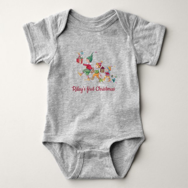 Custom Christmas Holiday Elves and Gifts Grey Baby Bodysuit (Front)
