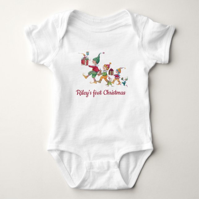 Custom Christmas Holiday Elves and Gifts White Baby Bodysuit (Front)