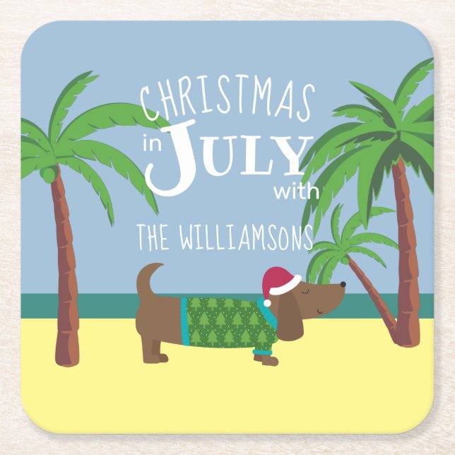 Custom Christmas in July Party Square Paper Coaster (Front)
