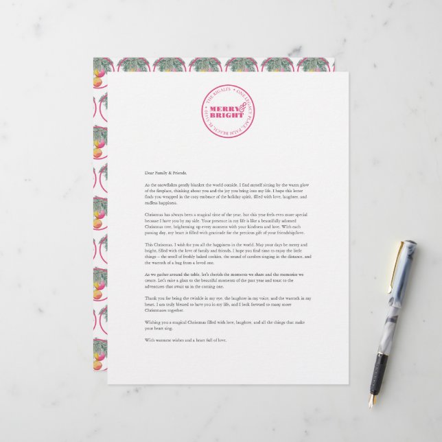 Custom Christmas Letter Template Pink Letterhead (Front/Back In Situ)