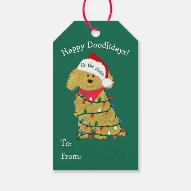 Custom Christmas Lights Goldendoodle Gift Tags (Front)