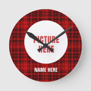 CUSTOM CHRISTMAS ORNAMENTS CHECK PLAID HOLIDAYS ROUND CLOCK
