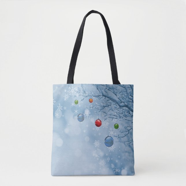 Custom Christmas Ornaments on Tree w Snow Flakes Tote Bag (Front)