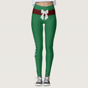 Custom Christmas Oxblood Icy Silver Bow Pine Green Leggings