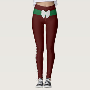 Custom Christmas Oxblood Pine Green Icy Silver Bow Leggings