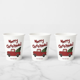 Custom Christmas party cup with red truck and tree
