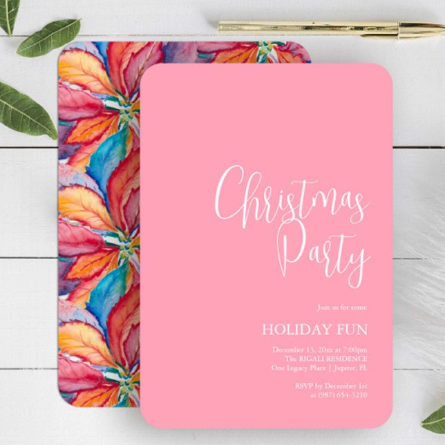 Custom Christmas Party Invites Pink (Pinkmas pink Christmas invitation unique watercolor art by Victoria Grigaliunas of Do Tell A Belle)