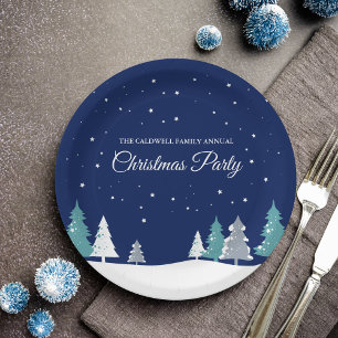 Custom Christmas Party Winter Trees Blue Paper Plate