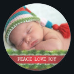 Custom Christmas Peace Love Joy Photo Sticker<br><div class="desc">Beautiful Peace Love Christmas Holiday Joy Photo Sticker adorned with evergreens and a red ribbon with white lace.</div>