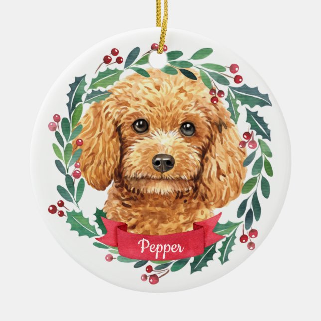 Custom Christmas Pet Dog Photo Apricot Poodle Ceramic Tree Decoration (Front)