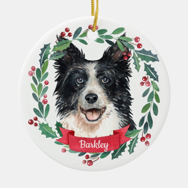Custom Christmas Pet Dog Photo Border Collie  Ceramic Tree Decoration (Front)