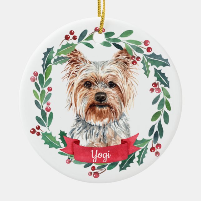 Custom Christmas Pet Dog Photo Yorkshire Terrier Ceramic Tree Decoration (Front)