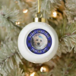 Custom Christmas Pet Photo Blue & Black Plaid Ceramic Ball Christmas Ornament