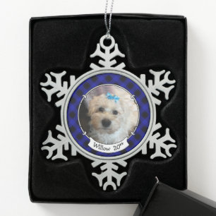 Custom Christmas Photo Blue & Black Plaid Pet Snowflake Pewter Christmas Ornament
