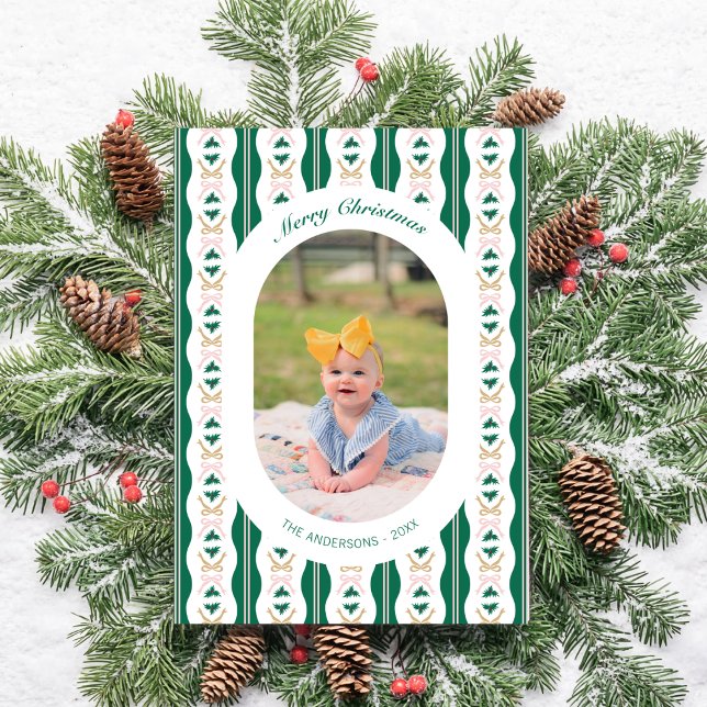 Custom Christmas Photo Card Green Stripes and Bows (Creator Uploaded)