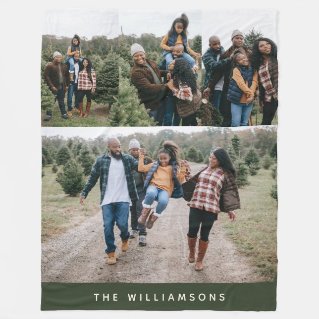 Custom Christmas Photo Collage Forest Green Fleece Blanket (Front)