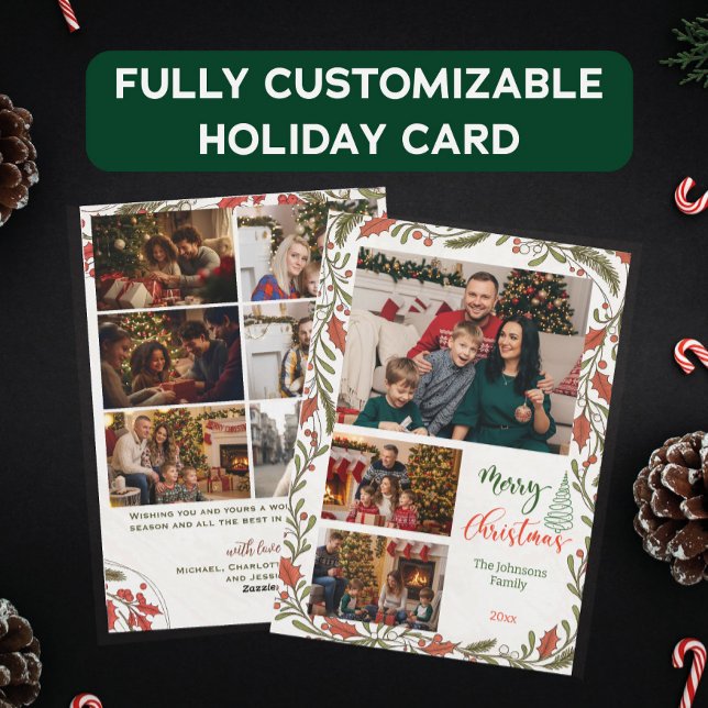 Custom Christmas Photo Collage with Holly Script Holiday Card (Creator Uploaded)