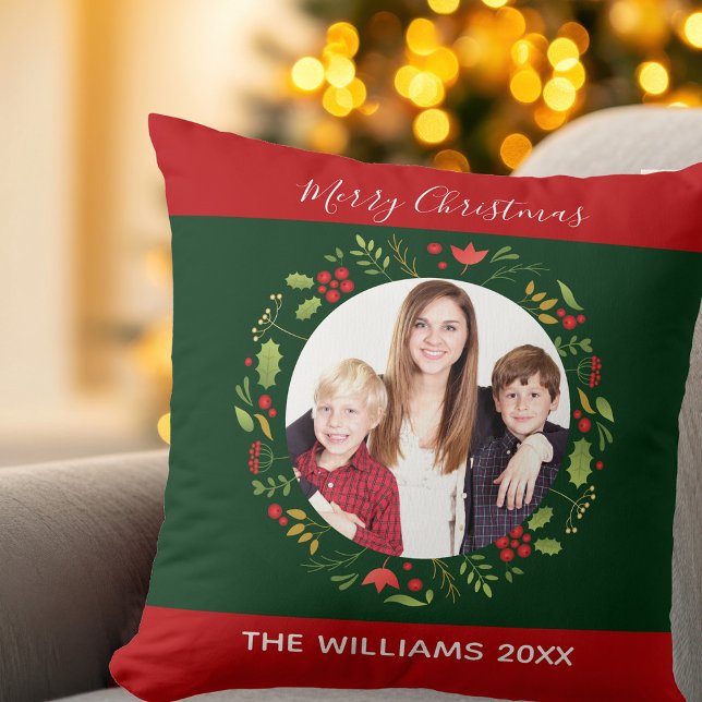 Custom Christmas Photo Floral Wreath Green Red Cushion (Creator Uploaded)
