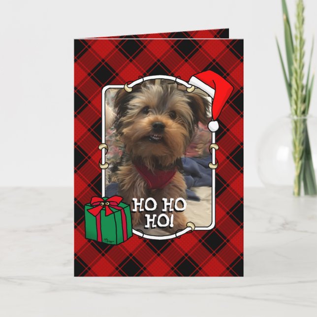 Custom Christmas Photo Frame Red and Black Plaid Card (Front)