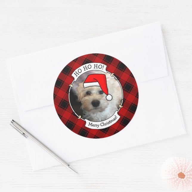 Custom Christmas Photo Frame Red and Black Plaid Classic Round Sticker (Envelope)