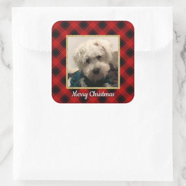 Custom Christmas Photo Frame Red and Black Plaid Square Sticker (Bag)