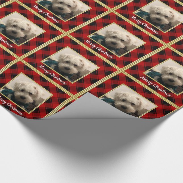 Custom Christmas Photo Frame Red and Black Plaid Wrapping Paper (Corner)