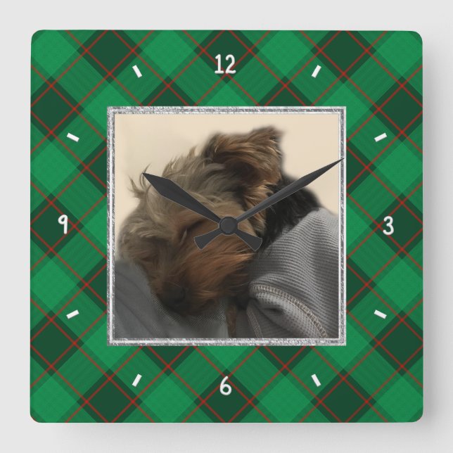 Custom Christmas Photo Frame Red and Green Plaid Square Wall Clock (Front)