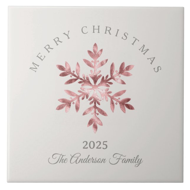 Custom Christmas pink rose snowflake metallic Tile (Front)