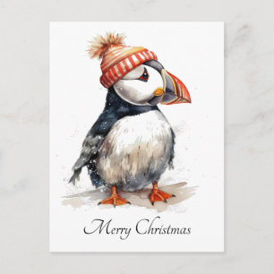 Custom Christmas Puffin Orange Pompom Hat Holiday Postcard