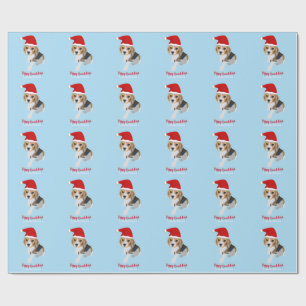 CUSTOM CHRISTMAS PUPPY SANTA HAT BEAGLE DOG BLUE WRAPPING PAPER