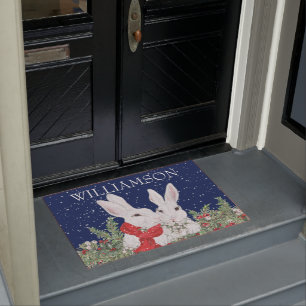 Custom Christmas Rabbit Bunny Snow Winter Welcome Doormat