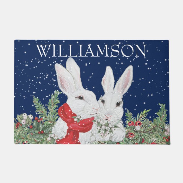 Custom Christmas Rabbit Bunny Snow Winter Welcome Doormat (Front)