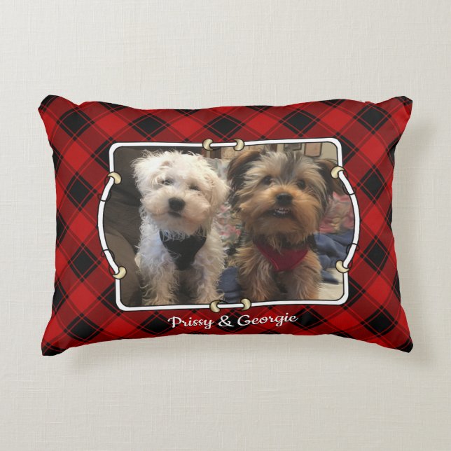 Custom Christmas Red and Black Plaid 2 Photo Frame Decorative Cushion (Front)