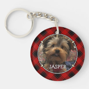 Custom Christmas Red and Black Plaid 2 Photo Frame Key Ring