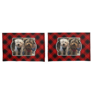 Custom Christmas Red and Black Plaid 2 Photo Frame Pillowcase